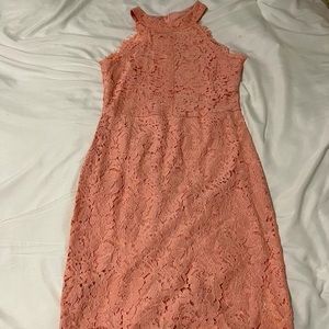 Coral pink lacy halter neckline midi dress.🌸💞💕